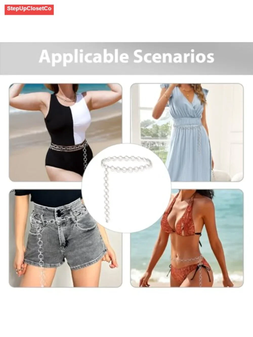 Waist Chain Belt Women Metal O-Ring Adjustable Fashion Body Link Belt for Jeans